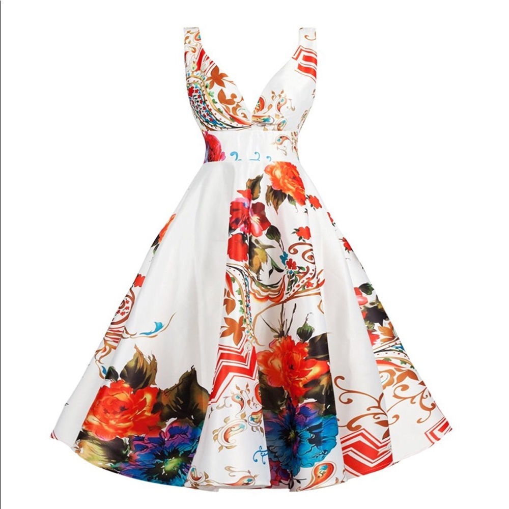 Vibrant Classic Floral Print Tea length Dress Sleeveless - Size Sm